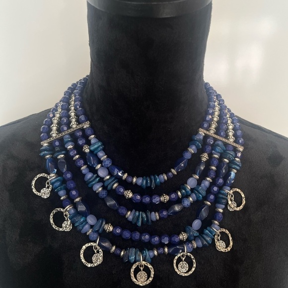 3 For $20! Blue and Silver Tone Multi-Strand Necklace with Sparkling Pendants - Picture 1 of 4